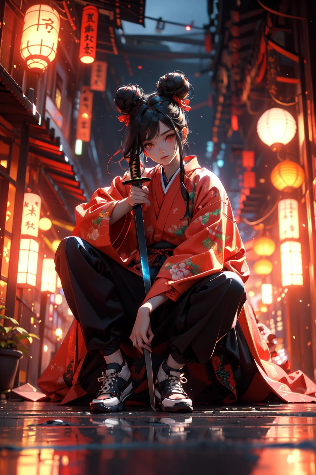 (masterpiece:1.2), best quality,cg,3d, Samurai girl,
glowing,sword, weapon, black hair, solo, reflection, katana, 1girl, long hair, hair bun, reflective floor, holding weapon, pants, black pants, holding, sitting, holding sword, sheath, long sleeves, blurry, lantern, double bun, depth of field, night, looking at viewer, shoes, closed mouth, white footwear, full body, paper lantern, red eyes, japanese clothes, glowing
<lora:æ¦å£«å°å¥³:1>