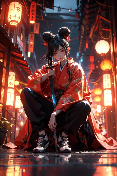 (masterpiece:1.2), best quality,cg,3d, Samurai girl,
glowing,sword, weapon, black hair, solo, reflection, katana, 1girl, long hair, hair bun, reflective floor, holding weapon, pants, black pants, holding, sitting, holding sword, sheath, long sleeves, blurry, lantern, double bun, depth of field, night, looking at viewer, shoes, closed mouth, white footwear, full body, paper lantern, red eyes, japanese clothes, glowing
 <lora:æ­¦å£«å°å¥³:1>