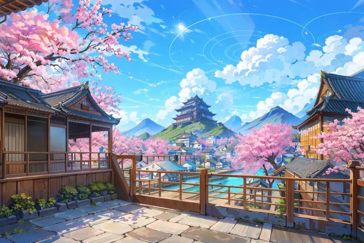 (masterpiece:1.2),best quality,blue archive background,
scenery, no humans, sky, cloud, architecture, east asian architecture, outdoors, day, tree, blue sky, bridge, building, cherry blossoms, mountain, railing, cityscape, rooftop, city, sunlight
<lora:blue archive background-000018:0.8>,