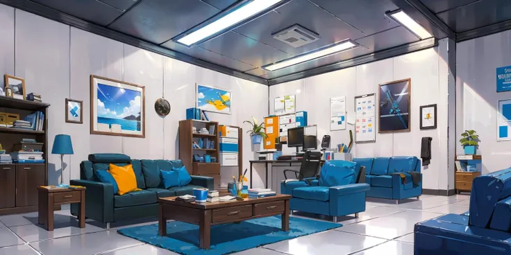 (masterpiece:1.2),best quality,blue archive background,
no humans, scenery, couch, indoors, gun, plant, rifle, table, weapon, chair, book, window, cup, ceiling light, calendar (object), trash can, computer, potted plant, box
<lora:blue archive background-000018:0.8>,