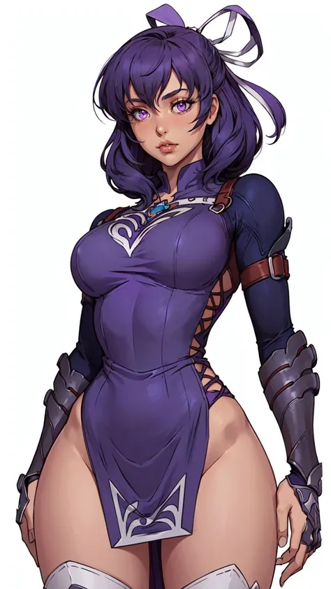 (1girl, solo, masterpiece, 4k, best quality:1.2, (cowboy shot), best quality:1.2, NICE HANDS, COLORFUL, (perfect hands, perfect anatomy)),
ixia, tabard, gauntlets, purple dress, hair ribbon, thigh boots, rooftop,
((medium breasts, medium hips, looking at the viewer)),
((simple background, white background)), <lora:GoodHands-vanilla:1>