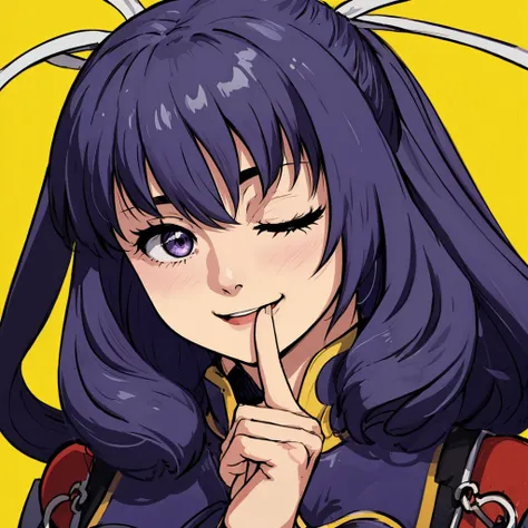 masterpiece, best quality, 1girl, solo, Rixia, tabbard, purple dress, gauntlets, hair ribbon, face focus, detailed face, smile, shushing, solid yellow background, head turned, looking at viewer, <lora:rixia-nvwls-v1:0.8>, <lora:Saya-shushing:0.6>, ((winking)), ((one eye closed)), <lora:ddw_v1:0.8>