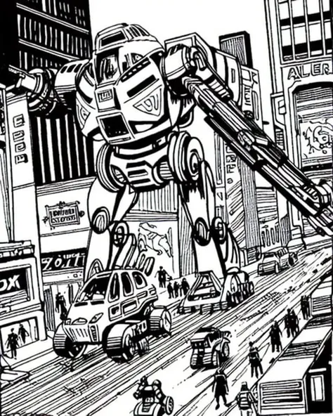 AllOldRPGArtS1 monochrome a robot mech battle in a city
