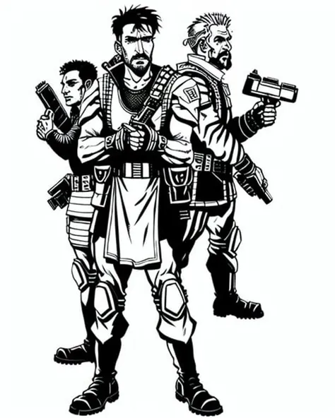 AllOldRPGArtS1 weapon, monochrome, gun, greyscale, multiple_boys, 1girl ,armor, male_focus, boots, facial_hair, handgun, shoulder_armor, military, hat, military_uniform, sword, beard, scar, uniform, holding, rifle, mustache, mask, holding_gun, pauldrons, holding_weapon, standing, mohawk, bandolier, manly, white_background, helmet, simple_background, shotgun, crossed_arms, shoulder_pads, sheath, 4boys