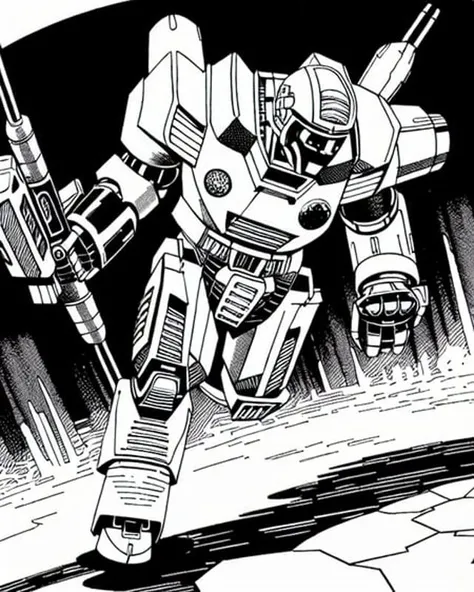 AllOldRPGArtS1 greyscale, monochrome, weapon, gun, solo, holding, holding_weapon, holding_gun, clenched_hand, robot, mecha, armor, cable, spikes, helmet, science_fiction, running, no_humans, rifle, walking, radio_antenna, male_focus, white_background