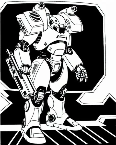 AllOldRPGArtS1 greyscale, monochrome, robot, solo, no_humans, mecha, science_fiction, white_background, weapon, open_hand, cable, looking_ahead, standing, sword