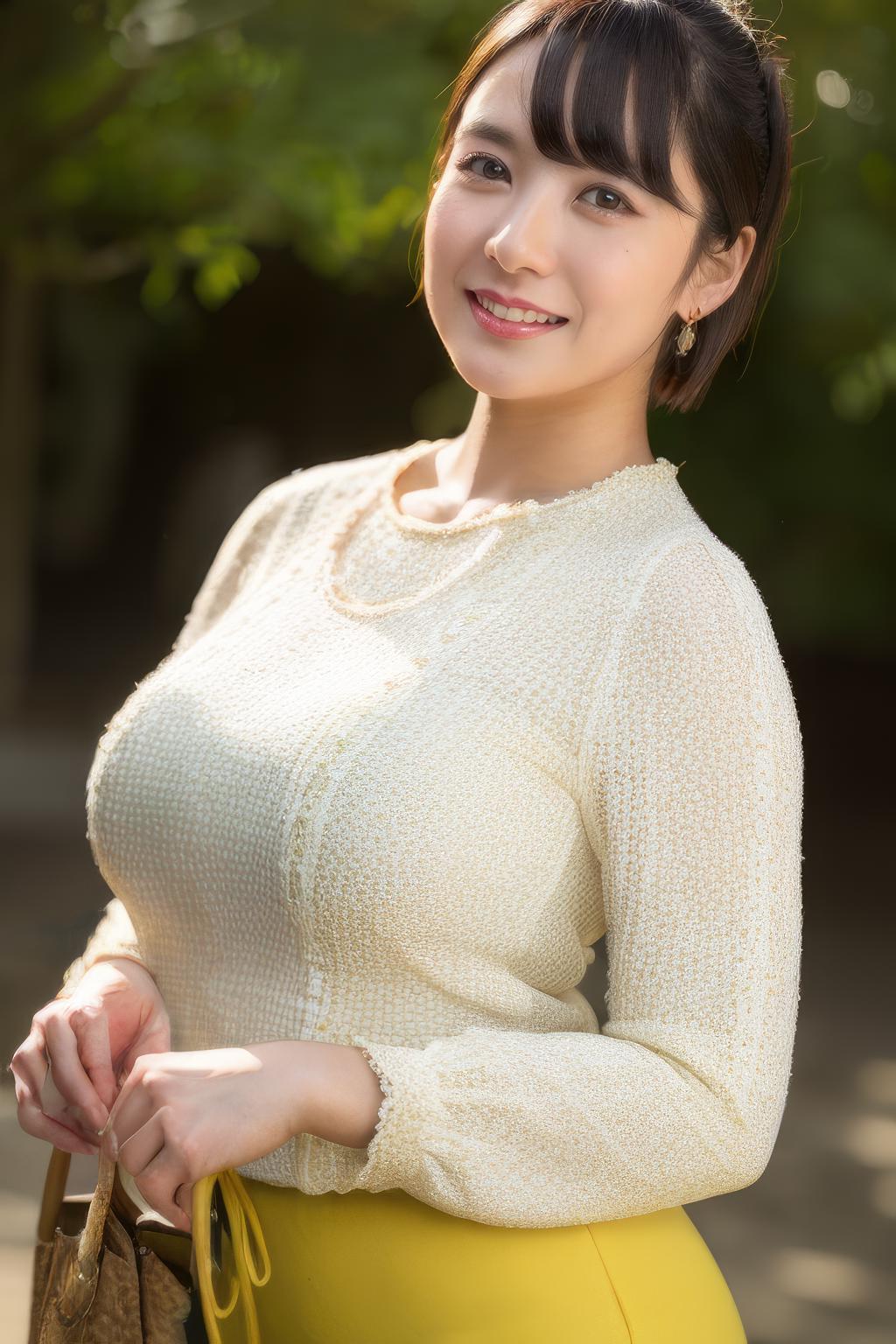 A woman in a yellow skirt and a white sweater