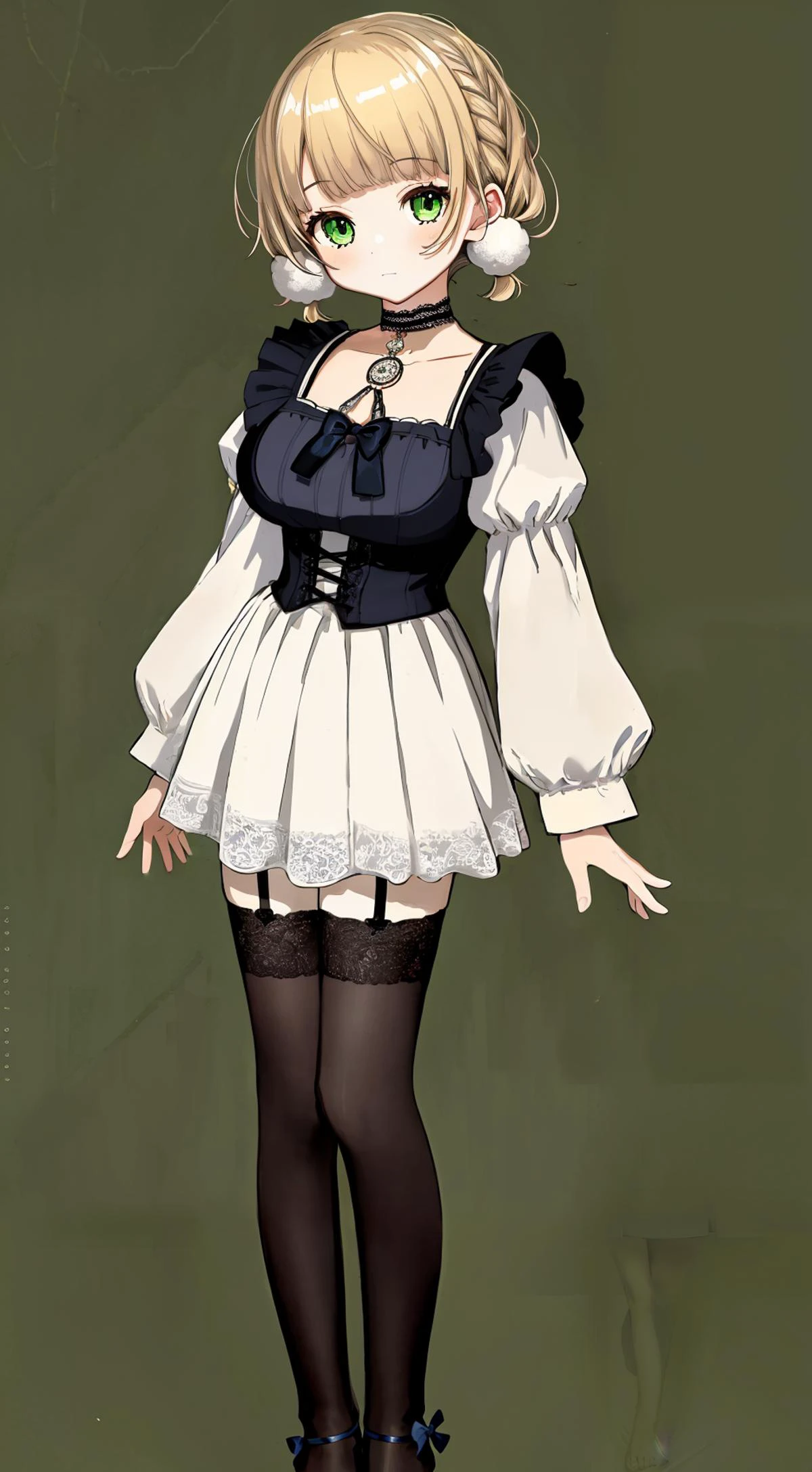 highres, absurdres, detail, masterpiece, best quality, hyperdetailed, 8k, (best quality:1.1), (ultra high definition:1.1), (beautiful girl:1.1), (masterpiece:1.1), (photorealistic:1.1), Ultra Detail, (High Skin Detail:1.1), (Best Quality:1.1), (Ultra High Definition:1.1), (Masterpiece:1.1), (Photorealistic:1.1), Super Detail, (High Skin Detail:1.1), (Best:1.1), (High Hands Detail:1.1), (High Eyes Detail:1.1), solo, 1girl, (dynamic pose:0.3), detailed background, colorful,
(large breasts:1.2),
petite child, full body, standing, looking at viewer, child feet,ui3, 1girl, solo, green eyes, pom pom \(clothes\), aged down, short hair,Victorian gothic-inspired lace choker with a cameo pendant and chains,blonde hair,bow_legwear ,
<lora:shigure_ui_v2:0.7> <lora:add-detail-xl:1> <lora:DetailedEyes_V3:1> <lora:GoodHands-beta2:1>