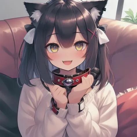 collor4u, collar, (holding:1.5), (pov), 1girl, (collar on her palms:1.5), (cat ear),(cat eyes), smile, happy, kind, blush, (x hairpin),(fang), (20yo), looking at viewer, sitting on sofa, in room, <lora:collar4u-v1:1>