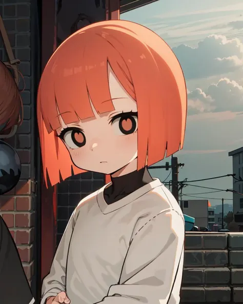 masterpiece, best quality, highly detailed,absurdres, anime
(petite child:1.2),  ,Dark Atmosphere, 
  ,,
,,
,, <lora:yorumac-lora-nochekaiser:1>,,yoru mac, short hair, bangs, (black eyes:1.5), blunt bangs, orange hair, bob cut,