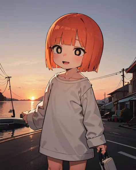 masterpiece, best quality, highly detailed,absurdres, anime
(petite child:1.2),  ,Dark Atmosphere, happy, 
  ,,
,,
,, <lora:yorumac-lora-nochekaiser:1>,,yoru mac, short hair, bangs, (black eyes:1.1), blunt bangs, orange hair, bob cut,