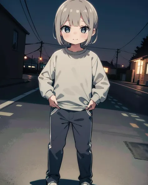 masterpiece, best quality, highly detailed,absurdres, anime
(petite child:1.2),  ,Dark Atmosphere, happy, 
  ,,
,,
,, <lora:yorumac-lora-nochekaiser:1>,,shirt, long sleeves, pants, sweater, grey pants,