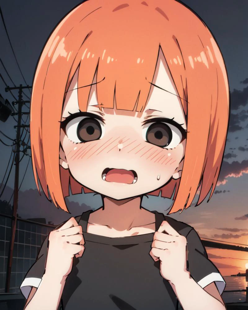 masterpiece, best quality, highly detailed,absurdres, anime
(:1.2), ,Dark Atmosphere,,embarrassed, blush,(nose blush:1.2), ,,, smug,smirk, open mouth,
,,
,,
,, <lora:yorumac-lora-nochekaiser:1>,,yoru mac, short hair, bangs, (black eyes:1.5), blunt bangs, orange hair, bob cut,