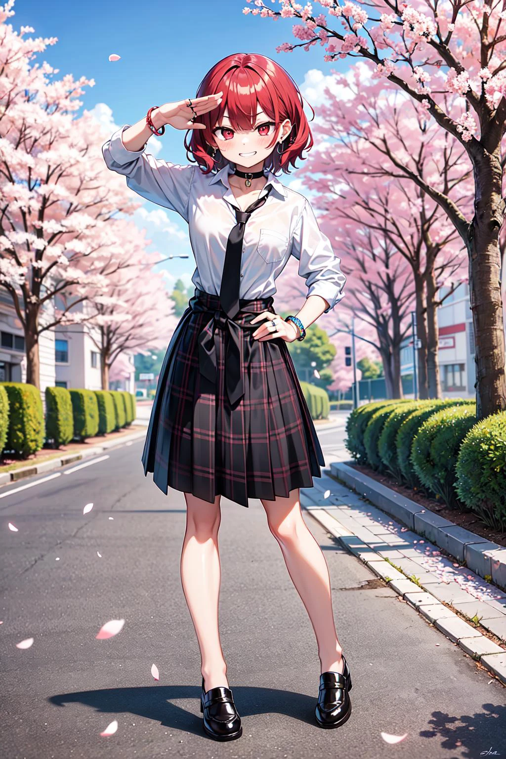 (masterpiece), (best quality), highres, highly detailed, an extremely delicate and beautiful,
(salute), hand on hip, (full body), from below,
1 girl, solo, beautiful red eyes, ruby textured eyes, (smiley and round eyes), pale red hair, (short hair), (wavy hair ends), tiny breasts, (hand by Guido Daniele),
blush, grin, eyebrows visible through hair, collarbone, choker, ear piercing,
black choker, black necktie, blue skirt, bracelet, clothes around waist, collared shirt, dress shirt, jewelry, thin legs, loose necktie, necktie, piercing, plaid, plaid skirt, pleated skirt, ring, school uniform,
street, sky, cherry blossoms, petals,