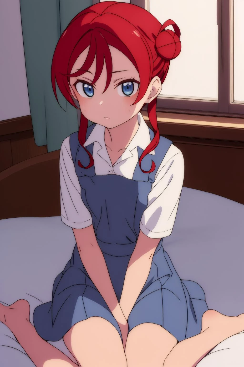 (masterpiece, best quality:1.4), 1girl, solo focus, <lora:mei-10:0.75>, (yonememei, red hair, blue eyes, single hair bun),
, pinafore dress, grey dress, student uniform,
indoors,on_bed,sitting,wariza