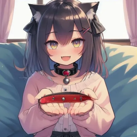 collar4u, collar, (holding:1.5), (pov), 1girl, (collar on her palms:1.5), (cat ear),(cat eyes), smile, happy, kind, blush, (x hairpin),(fang), (20yo), looking at viewer, sitting on sofa, in room, <lora:collar4u-v1:1>
