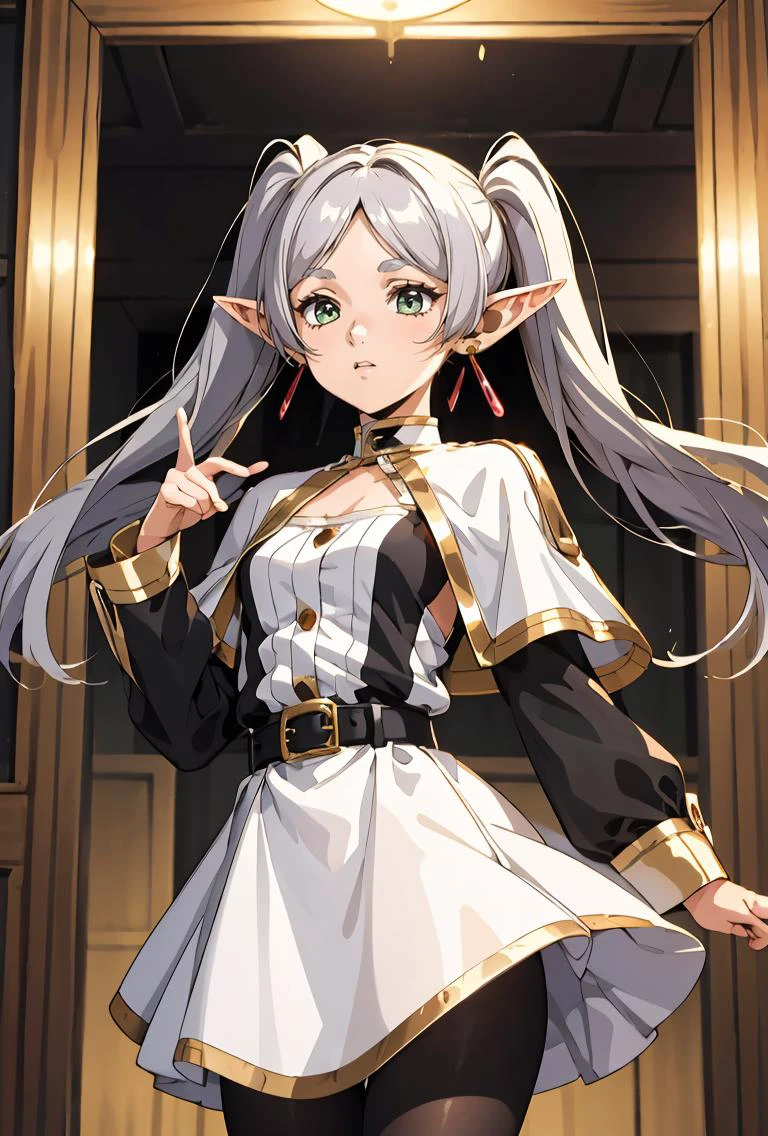 (masterpiece, best quality), 1girl, <lora:FrierenV2:0.8> Frieren, long hair, twintails, earrings, FrierenBase, long hair, twintails, earrings, white capelet, striped shirt, horizontal stripes, long sleeves, belt, white skirt, gold-trim, black pantyhose,