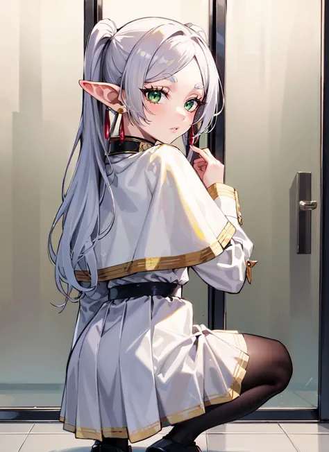 ((best quality)), ((highly detailed)), extremely detailed face, beautiful face, , (1girl), (solo), from behind, looking back, squatting, <lora:FrierenV2:1>, Frieren, white hair, green eyes, FrierenBase, long hair, twintails, earrings, white capelet, striped shirt, horizontal stripes, long sleeves, belt, white skirt, gold-trim, black pantyhose, (indoors, in an elevator)