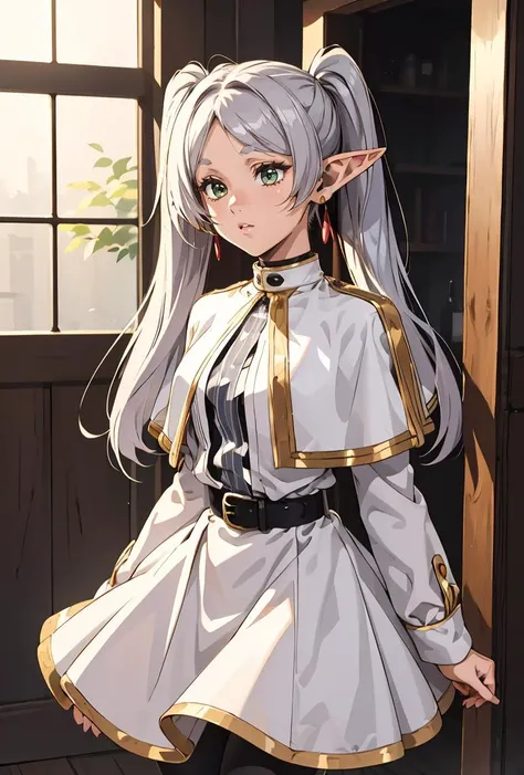 (masterpiece, best quality), 1girl, <lora:FrierenV2:0.8> Frieren, long hair, twintails, earrings, FrierenBase, long hair, twintails, earrings, white capelet, striped shirt, horizontal stripes, long sleeves, belt, white skirt, gold-trim, black pantyhose,