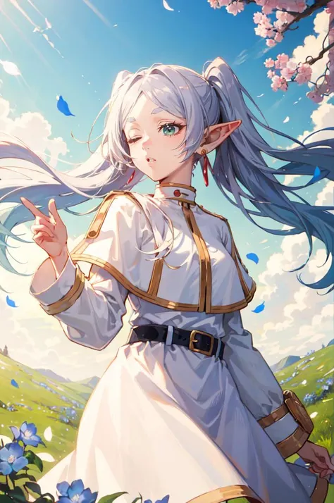 <lora:FrierenV2:1> FrierenBase, long hair, twintails, earrings, white capelet, striped shirt, horizontal stripes, long sleeves, belt, white skirt, gold-trim, black pantyhose, reaching towards viewer, blowing kiss, standing, hand up, floating heart, cowboy shot, (o3o:1.3), twisted torso, from side, dutch angle, one eye closed, blue sky, cherry blossoms, blue flower field,, absurdres, ultra detailed, masterpiece, best quality, aesthetic, detailed,