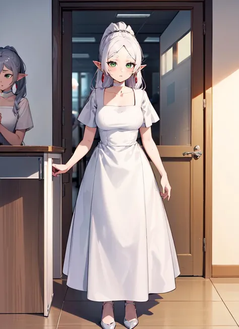 ((best quality)), ((highly detailed)), , (1girl), (solo), mirror, reflection, full body, ((wide shot)), <lora:FrierenV2:.9>, Frieren, white hair, green eyes, FrierenDress, long hair, ponytail, earrings, white choker, white dress, short sleeves, (inside, at an office, office lady, desk, (((multiple girls))))