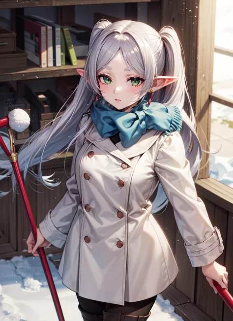 ((best quality)), ((highly detailed)), extremely detailed face, beautiful face, , (1girl), (solo), close-up, dynamic pose, cowboy shot, very wide shot, <lora:hairdetailer:.6>, <lora:FrierenV2:.8>, Frieren, white hair, green eyes, FrierenWinter, long hair, twintails, earrings, blue scarf, white coat, black pantyhose, brown boots, holding staff, winter, snow, (indoors, in a gymnasium)