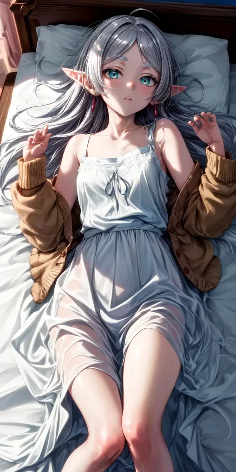 Refreshing morning light, iridescent highlights, A cool woman around 25 years old, Blank white sheets make me sleepy, silver hair, Wearing a chubby T-shirt