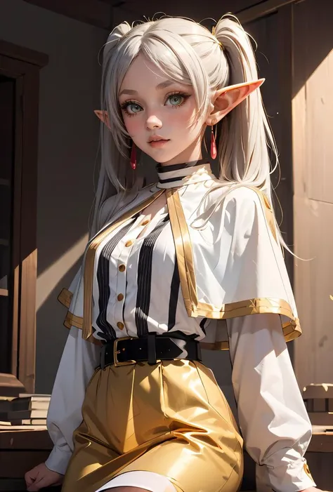 (masterpiece, best quality), 1girl, <lora:FrierenV2:0.8> Frieren, long hair, twintails, earrings, FrierenBase, long hair, twintails, earrings, white capelet, striped shirt, horizontal stripes, long sleeves, belt, white skirt, gold-trim, black pantyhose,