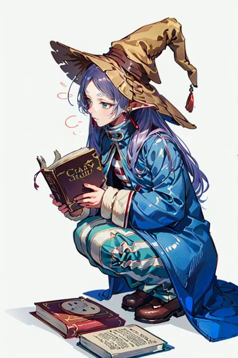 solo,  <lora:FrierenV2:1> Frieren, long hair, twintails, earrings, small breasts,  <lora:BlackMageCostume:1> bmcostume, wizard hat, blue coat, striped pants, squatting, holding book, pile of books, book,, absurdres, ultra detailed, masterpiece, best quality, aesthetic, detailed,