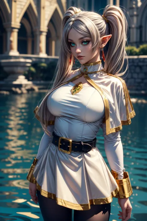 Ultra detailed complex 3D rendering of face, (huge breasts: 8.8), (masterpiece, top quality, octane rendering, 8K), glamour shot full body image, very beautiful young elf, cleavage, (very detailed skin: 1.2), (exposure: 1.1), beautiful Caucasian woman with white hair, full soft breasts and white skin with big buttocks, one, white micro bikini, long braided brown hair, big breasts, Dynamic angle, mystical expression,wearing intricate super armor of gold and silver, ultra-realistic photo ((((portrait))), wearing an intricate red cape, bare feet, futuristic city background, facial muscles, detailed and beautiful crown, beautiful weapons, in the style of Marvel Comics, ArtStation trends, clear focus, studio photography, intricate details, very detailed, detailed red eyes, illustration, very detailed, sharp focus, digital rendering, professional-abs