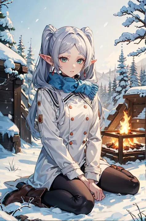 <lora:FrierenV2:1>  FrierenWinter, long hair, twintails, earrings, blue scarf, white coat, black pantyhose, brown boots , wariza, sitting, cold, snow, snowing, fire, campfire, cave interior,, absurdres, ultra detailed, masterpiece, best quality, aesthetic, detailed,