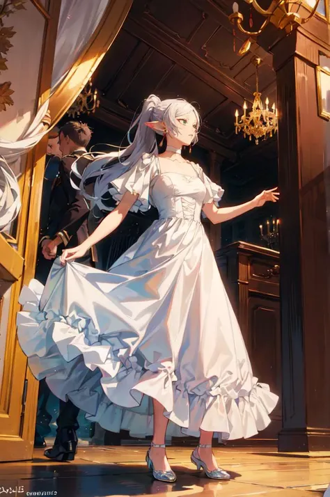 solo, <lora:FrierenV2:1> FrierenDress, long hair, ponytail, earrings, white choker, white dress, short sleeves, dancing, full body, solo, ballroom, chandelier,, absurdres, ultra detailed, masterpiece, best quality, aesthetic, detailed,