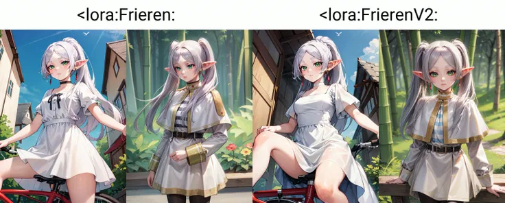 ((best quality)), ((highly detailed)), masterpiece, extremely detailed face, beautiful face, , (1girl), (solo), from below, pantyshot, riding bicycle, <lora:Frieren:1>, Frieren, white hair, green eyes, FrierenDress, long hair, ponytail, earrings, white choker, white dress, short sleeves, (outdoors, in a village, noon)
