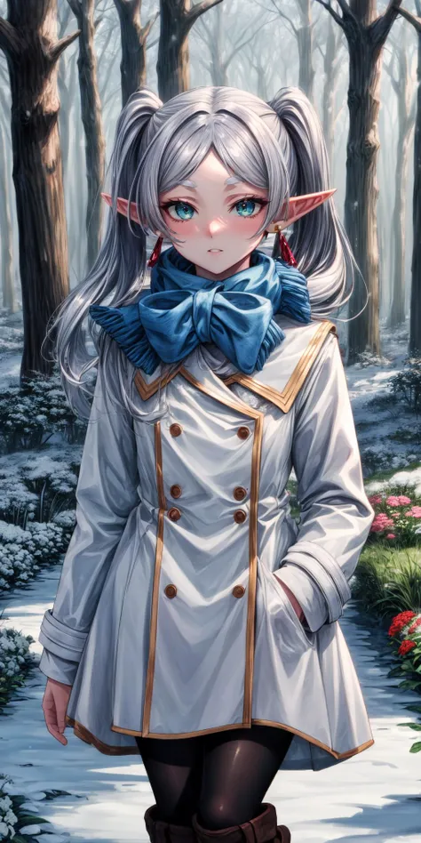 (masterpiece), best quality, (((ultra detailed, 8k quality))), expressive eyes, perfect face, perfect anatomy, perfect body, scene, <lora:scene_:0.7>, <lora:more_details:0.7>, <lora:beautiful_detailed_eyes:0.5>, <lora:GoodHands-vanilla:1>, <lora:give_it_a_name:0.7>,
Frieren, long hair, twintails, <lora:FrierenV2:1>, garden, flower field, , forest, snowing, FrierenWinter, long hair, twintails, earrings, blue scarf, white coat, black pantyhose, brown boots hand on pocket