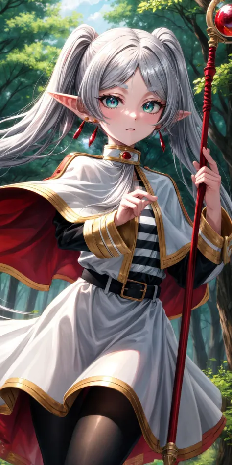 (masterpiece), best quality, (((ultra detailed, 8k quality))), expressive eyes, perfect face, perfect anatomy, perfect body, scene, <lora:scene_:0.7>, <lora:more_details:0.7>, <lora:beautiful_detailed_eyes:0.5>, <lora:GoodHands-vanilla:1>, <lora:give_it_a_name:0.7>,
FrierenBase, long hair, twintails, earrings, white capelet, striped shirt, horizontal stripes, long sleeves, belt, white skirt, gold-trim, black pantyhose, holding staff, staff, holding, outdoors, forest, <lora:FrierenV2:1.0>