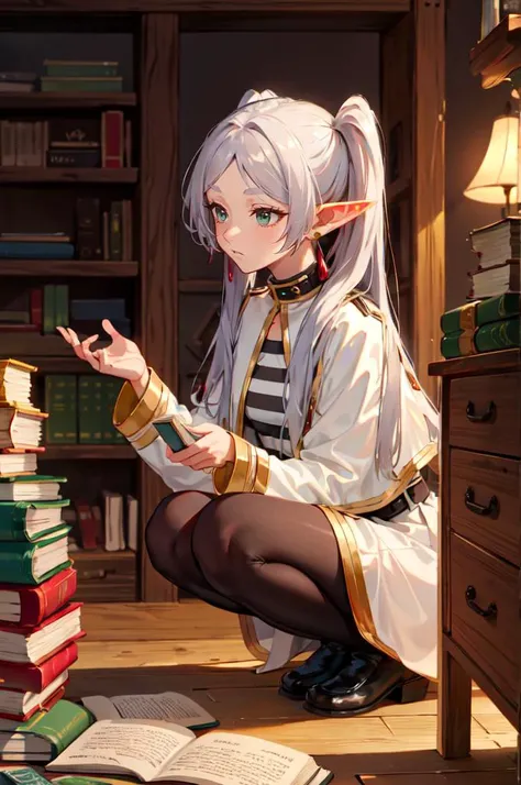 <lora:FrierenV2:1> FrierenBase, long hair, twintails, earrings, white capelet, striped shirt, horizontal stripes, long sleeves, belt, white skirt, gold-trim, black pantyhose, expressionless, squatting, (treasure chest, mimic chest:1.3), :<, book stack, too many books, pile of books,, absurdres, ultra detailed, masterpiece, best quality, aesthetic, detailed,