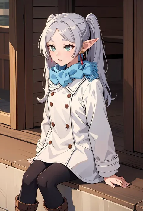 (masterpiece, best quality), 1girl, <lora:FrierenV2:0.8> Frieren, long hair, twintails, earrings, long hair, twintails, earrings, blue scarf, white coat, black pantyhose, brown boots,
