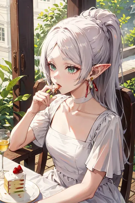 solo, <lora:FrierenV2:1> FrierenDress, long hair, ponytail, earrings, white choker, white dress, short sleeves, sitting, eating, foodgasm, :t, food on face, full mouth, cake, cake slice,, absurdres, ultra detailed, masterpiece, best quality, aesthetic, detailed,
