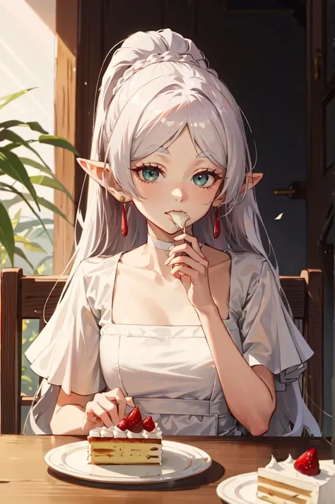 solo, <lora:FrierenV2:1> FrierenDress, long hair, ponytail, earrings, white choker, white dress, short sleeves, sitting, eating, foodgasm, :t, food on face, full mouth, cake, cake slice, full plate, lots of food,, absurdres, ultra detailed, masterpiece, best quality, aesthetic, detailed,