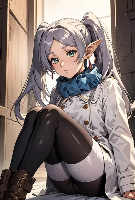 (masterpiece, best quality), 1girl, <lora:FrierenV2:0.8> Frieren, long hair, twintails, earrings, long hair, twintails, earrings, blue scarf, white coat, black pantyhose, brown boots,