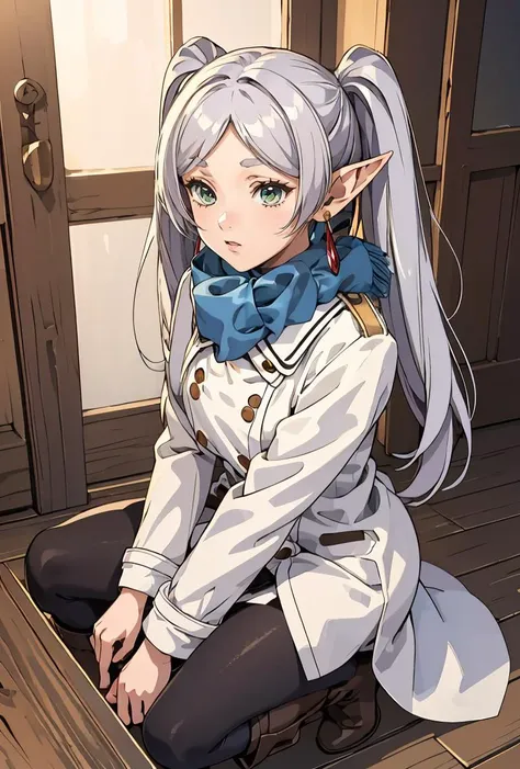 (masterpiece, best quality), 1girl, <lora:FrierenV2:0.8> Frieren, long hair, twintails, earrings, long hair, twintails, earrings, blue scarf, white coat, black pantyhose, brown boots,