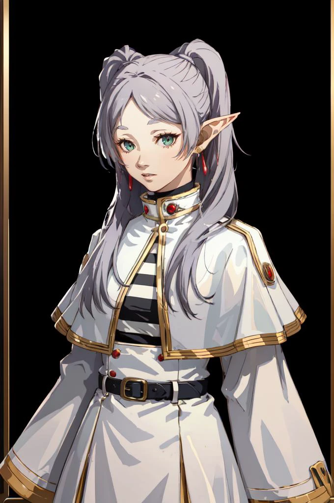<lora:Persona4StyleV2:0.7> solo, portrait, transparent background, (white background), <lora:FrierenV2:1> FrierenBase, long hair, twintails, earrings, white capelet, striped shirt, horizontal stripes, long sleeves, belt, white skirt, gold-trim, black pantyhose, absurdres, ultra detailed, masterpiece, best quality, aesthetic, detailed,
