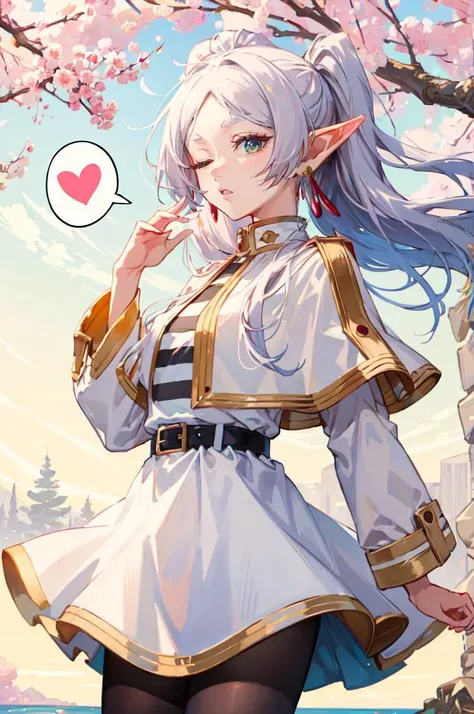 <lora:FrierenV2:1> FrierenBase, long hair, twintails, earrings, white capelet, striped shirt, horizontal stripes, long sleeves, belt, white skirt, gold-trim, black pantyhose, reaching towards viewer, blowing kiss, standing, hand up, floating heart, spoken heart, cowboy shot, (o3o:1.3),  twisted torso,  from side, dutch angle, one eye closed, blue sky, cherry blossoms, blue flower field, (light smile:0.7),, absurdres, ultra detailed, masterpiece, best quality, aesthetic, detailed,