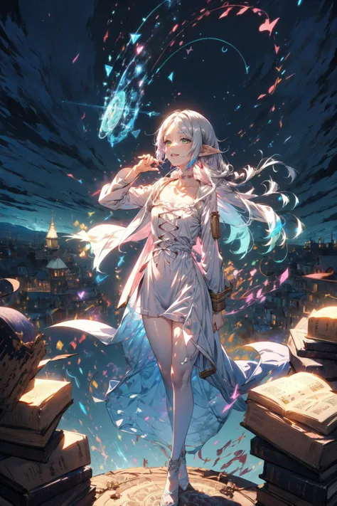 <lora:Frieren:0.85> , (full body:1.35), soft light, detailed(glow and shadow), dynamic postures,
BREAK(1girl, FrierenDress, white dress, collarbone, brown cardigan, (smirk smile):1.1, ((long hairs), (colorful gradient multi-colored sliver hairs))),
BREAK(perfect(anatomy,body,face,hand,leg)),
BREAK(<lora:Magic Circle_20230812103010:0.8>, magic circle, blue magic aura, glowing, wonderful magic),
BREAK(beautiful detailed girl, wide hips, small waist, glossy pink lips, slender figure, Milky skin, shiny skin:1.2,)
BREAK(<lora:cozy animation scenes_20230824111332:0.4>, PIXIV,cozy animation scenes, scenery, outdoors, books, starry night sky, detailed city ,wide view),
<lora:more_details:0.5>, extremely detailed, CG, 8k Amazing, finely detail, (masterpiece:2.0, best quality), (intricate details, depth of field),