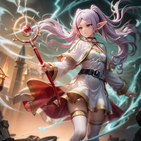 masterpiece, best quality, ultra-detailed, (detailed background, complex background:1.2), (perfect face, detailed face),
green eyes, cloud, crystal, electricity, flame, glowing, glowing weapon, lightning, magic, magic circle, sky, thighhighs,
small breasts, full-face blush, dual ponytails, sidelocks, expressionless, thighs,
long hair, short eyebrows, pointy ears, twintails, jewelry, elf, earrings, capelet, white capelet, long sleeves, white sleeves, parted bangs, dress, belt,
(long staff, holding staff:1.3), fighting stance, cinematic angle,
<lora:Frieren:1>, FrierenDress,
<lora:more_details:0.2>,
<lora:GoodHands-vanilla:1>,