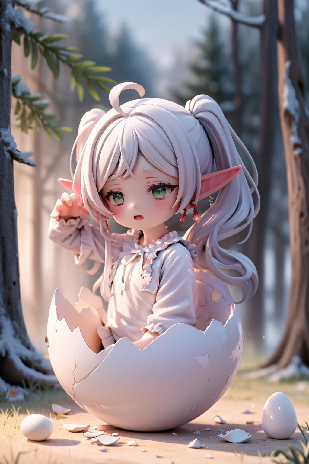 masterpiece, best quality, absurdres,
solo, stretch, face to camera, sleeping wear,
expressionless, bleary-eyed, opened mouth, (parted bangs:1.3), bush, elf, pointy ears, sidelocks, long hair, twintails,
forest, (summer:1.2), grass, (grass land:1.2), flowers, nature, eggs,
<lora:Frieren:0.9>, FrierenDress,
<lora:concept_hatching-v2:0.9>, hatching, eggshell, cracked egg,
<lora:detail_slider_v4:1>,
<lora:more_details:0.2>,
<lora:chibi-v1:0.8>,
<lora:ttchibi:0.4>,