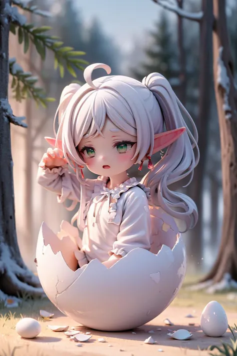 masterpiece, best quality, absurdres,
solo, stretch, face to camera, sleeping wear, 
expressionless, bleary-eyed, opened mouth, (parted bangs:1.3), bush, elf, pointy ears, sidelocks, long hair, twintails,
forest, (summer:1.2), grass, (grass land:1.2), flowers, nature, eggs,
<lora:Frieren:0.9>, FrierenDress,
<lora:concept_hatching-v2:0.9>, hatching, eggshell, cracked egg,
<lora:detail_slider_v4:1>,
<lora:more_details:0.2>,
<lora:chibi-v1:0.8>,
<lora:ttchibi:0.4>,