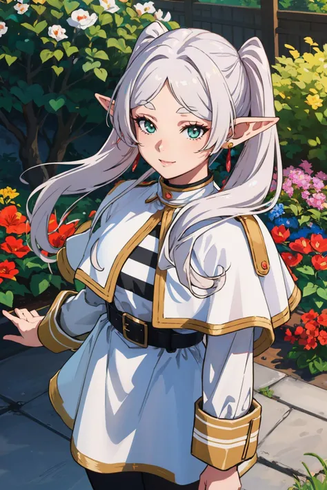 masterpiece, best quality, <lora:CHAR-Frieren:1> Frieren, twintails, earrings, FrierenBase, twintails, earrings, white capelet, striped shirt, white skirt, long sleeves, belt, black pantyhose, looking at viewer, smile, upper body, garden, from above