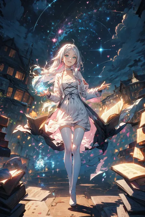 <lora:Frieren:0.75> , (full body:1.35), soft light, detailed(glow and shadow), dynamic postures,
BREAK(1girl, FrierenDress, white dress, collarbone, brown cardigan, (smirk smile):1.1, ((long hairs), (colorful gradient multi-colored sliver hairs))),
BREAK(perfect(anatomy,body,face,hand,leg)),
BREAK(<lora:Magic Circle_20230812103010:0.8>, magic circle, blue magic aura, books, glowing, wonderful magic),
BREAK(beautiful detailed girl, wide hips, small waist, glossy pink lips, slender figure, Milky skin, shiny skin:1.2,)
BREAK(<lora:cozy animation scenes_20230824111332:0.4>, PIXIV,cozy animation scenes, scenery, outdoors, books, starry night sky, detailed city ,wide view),
<lora:more_details:0.5>, extremely detailed, CG, 8k Amazing, finely detail, (masterpiece:2.0, best quality), (intricate details, depth of field),