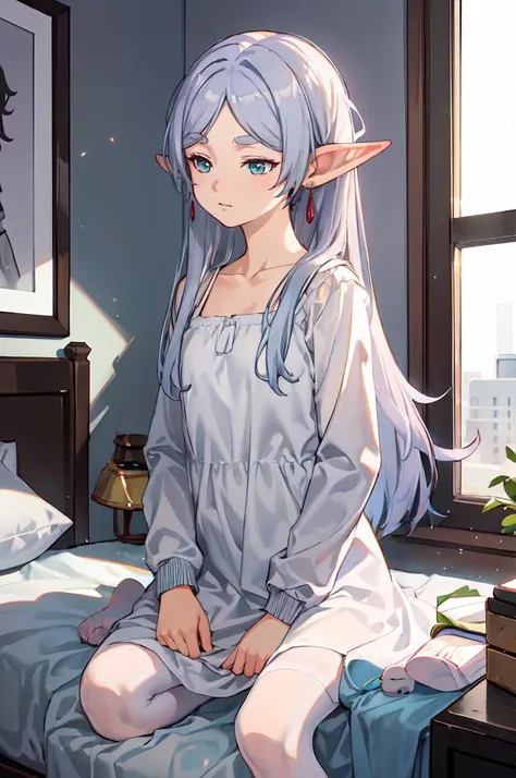 <lora:Frieren:1> FrierenDress, long hair, white dress, collarbone, brown cardigan, <lora:tsubasa:0.9>, rubbing eyes, waking up,, ultra detailed, masterpiece, best quality,